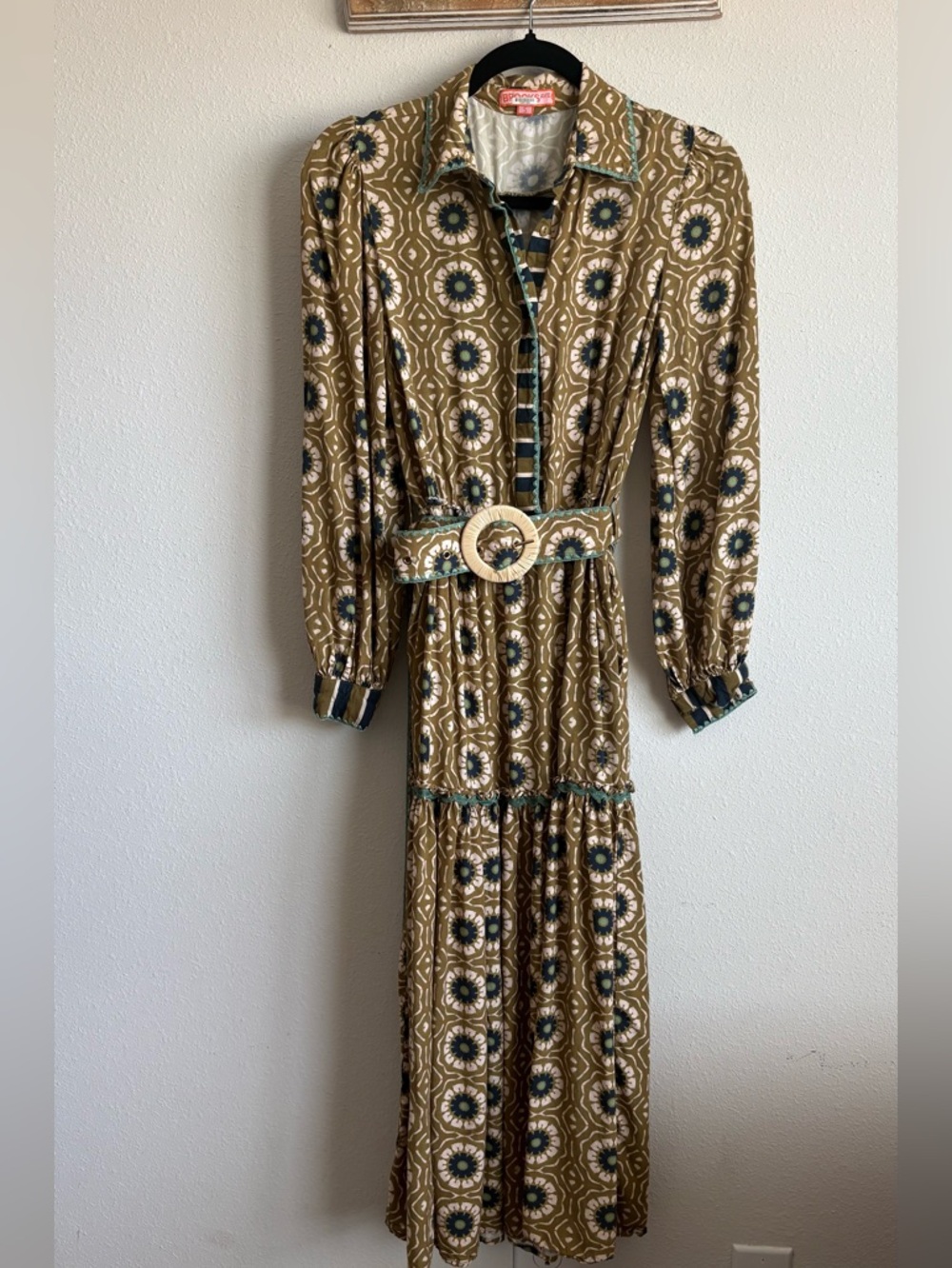 Brooks Olive and Navy Floral-Print Long Sleeve Maxi Dress with Belt